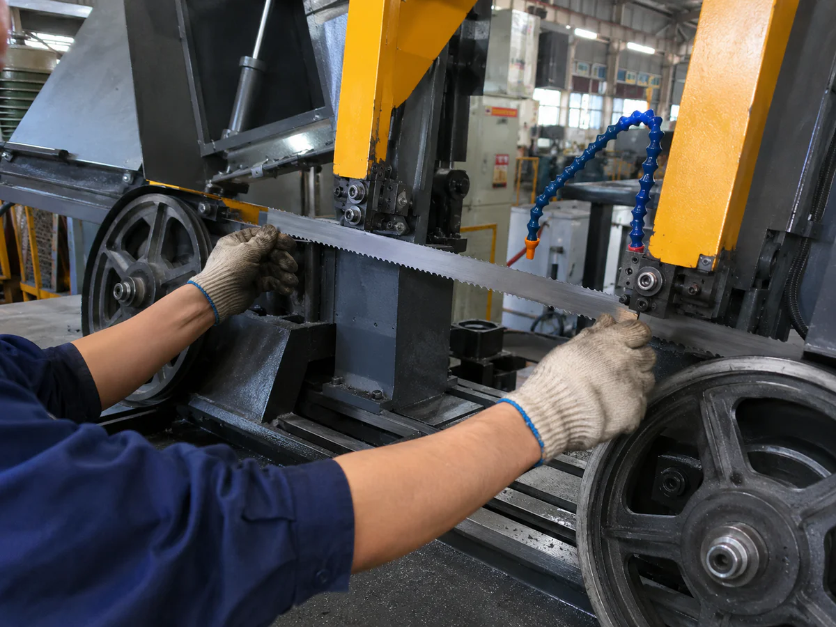 Band saw blade replacement and tensioning