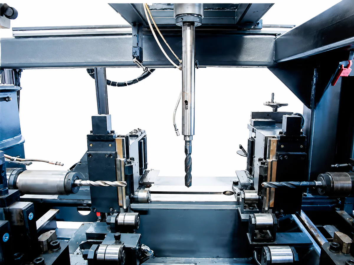 Beam processing line with feeding, clamping, drilling and outfeed
