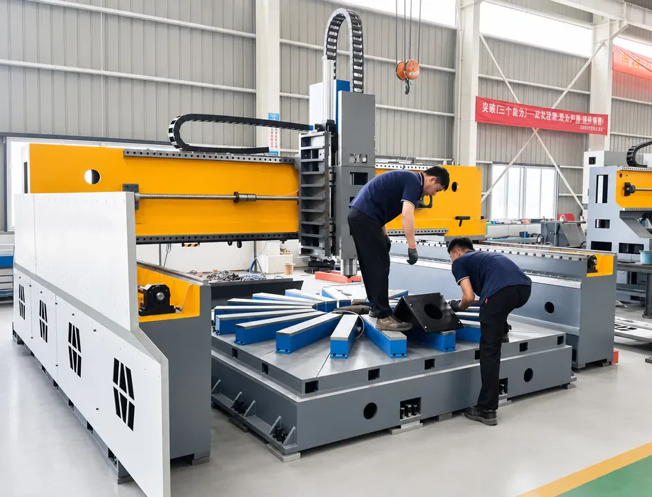 Machine frame, working table, gantry structure and guide rails assembled before testing