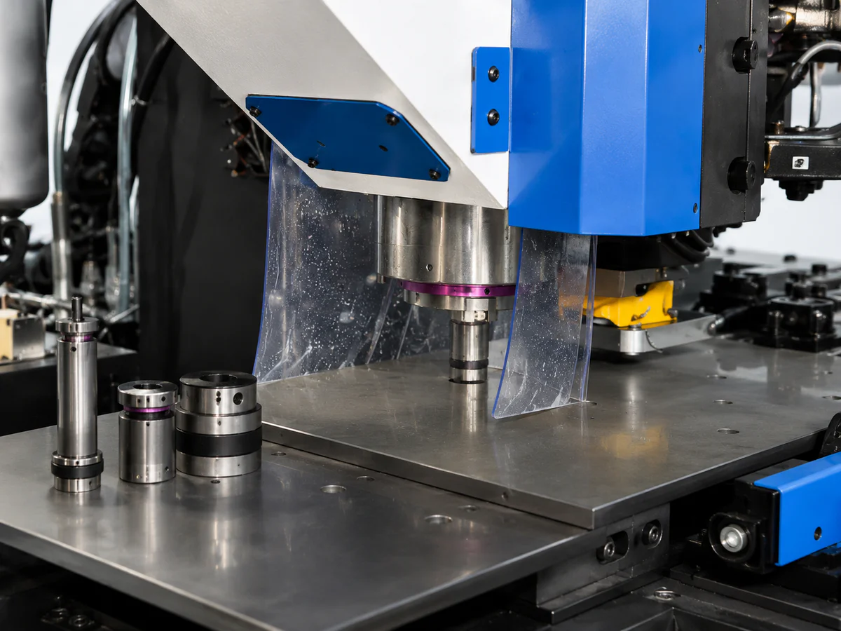 Punch and die matched to plate thickness