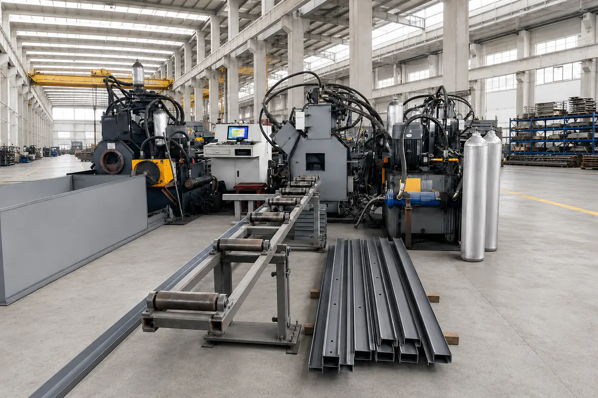 Batch and continuous steel production line in factory workshop
